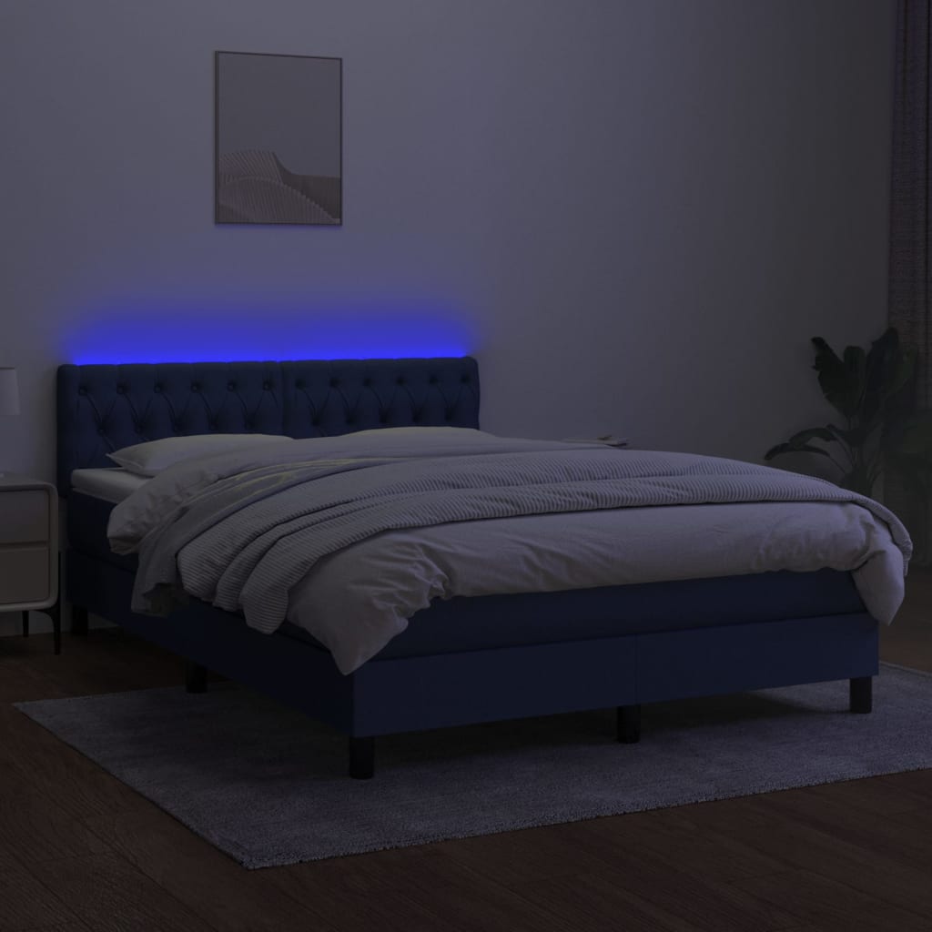 Pat cu arcuri, saltea și LED, albastru, 140x200 cm, textil GartenMobel Dekor