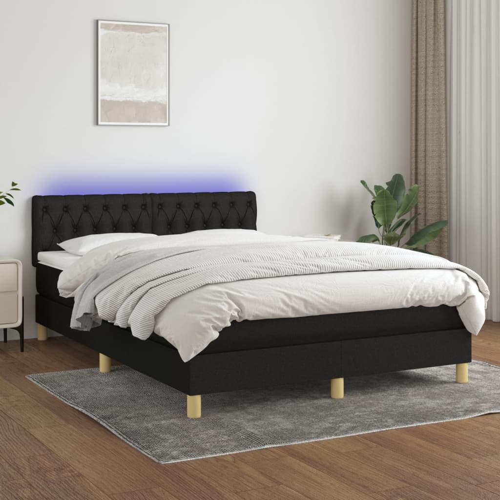Pat cu arcuri, saltea și LED, negru, 140x200 cm, textil GartenMobel Dekor