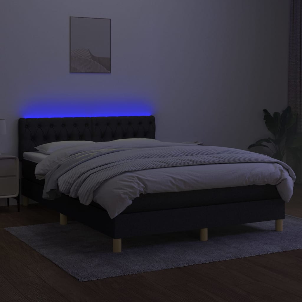 Pat cu arcuri, saltea și LED, negru, 140x200 cm, textil GartenMobel Dekor