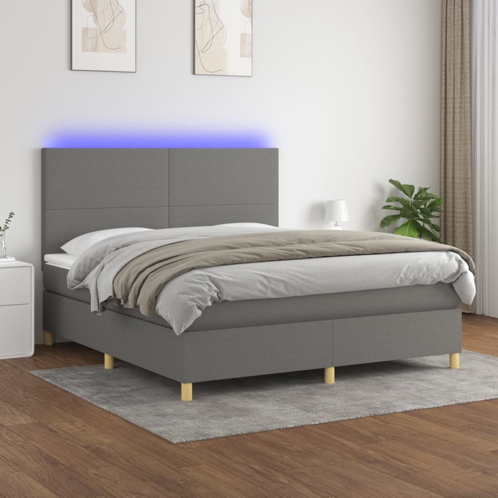 Pat cu arcuri, saltea și LED, gri închis, 160x200 cm, textil GartenMobel Dekor