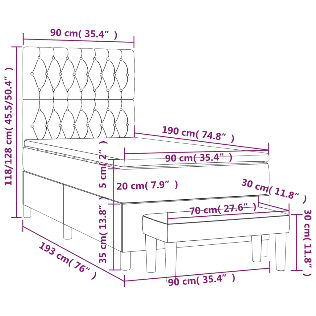 Pat box spring cu saltea, gri deschis, 90x190 cm, textil GartenMobel Dekor