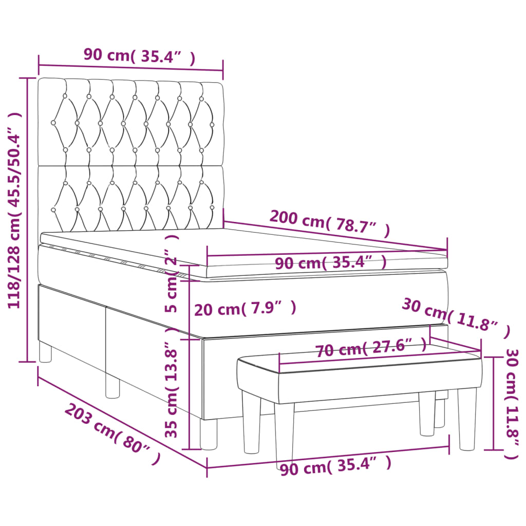 Pat box spring cu saltea, gri închis, 90x200 cm, textil GartenMobel Dekor