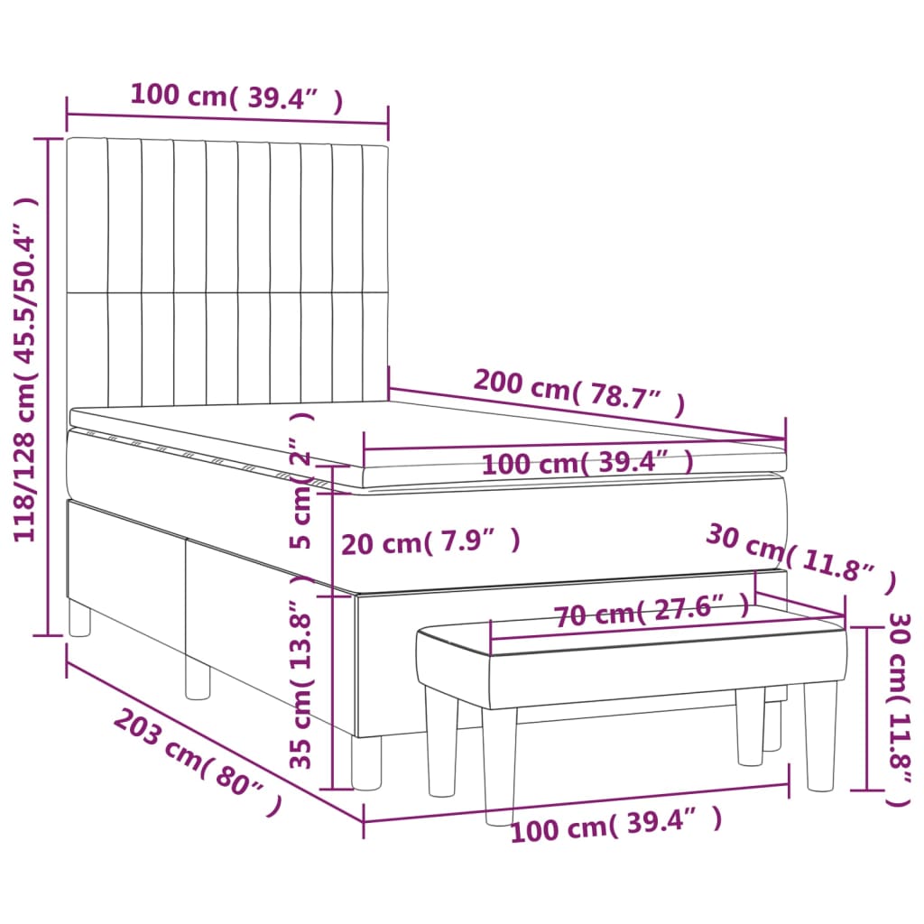 Pat box spring cu saltea, gri deschis, 100x200 cm, catifea GartenMobel Dekor