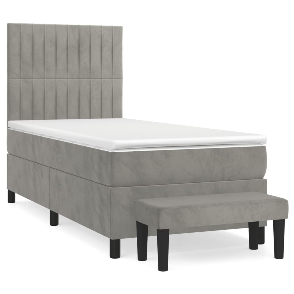 Pat box spring cu saltea, gri deschis, 100x200 cm, catifea GartenMobel Dekor