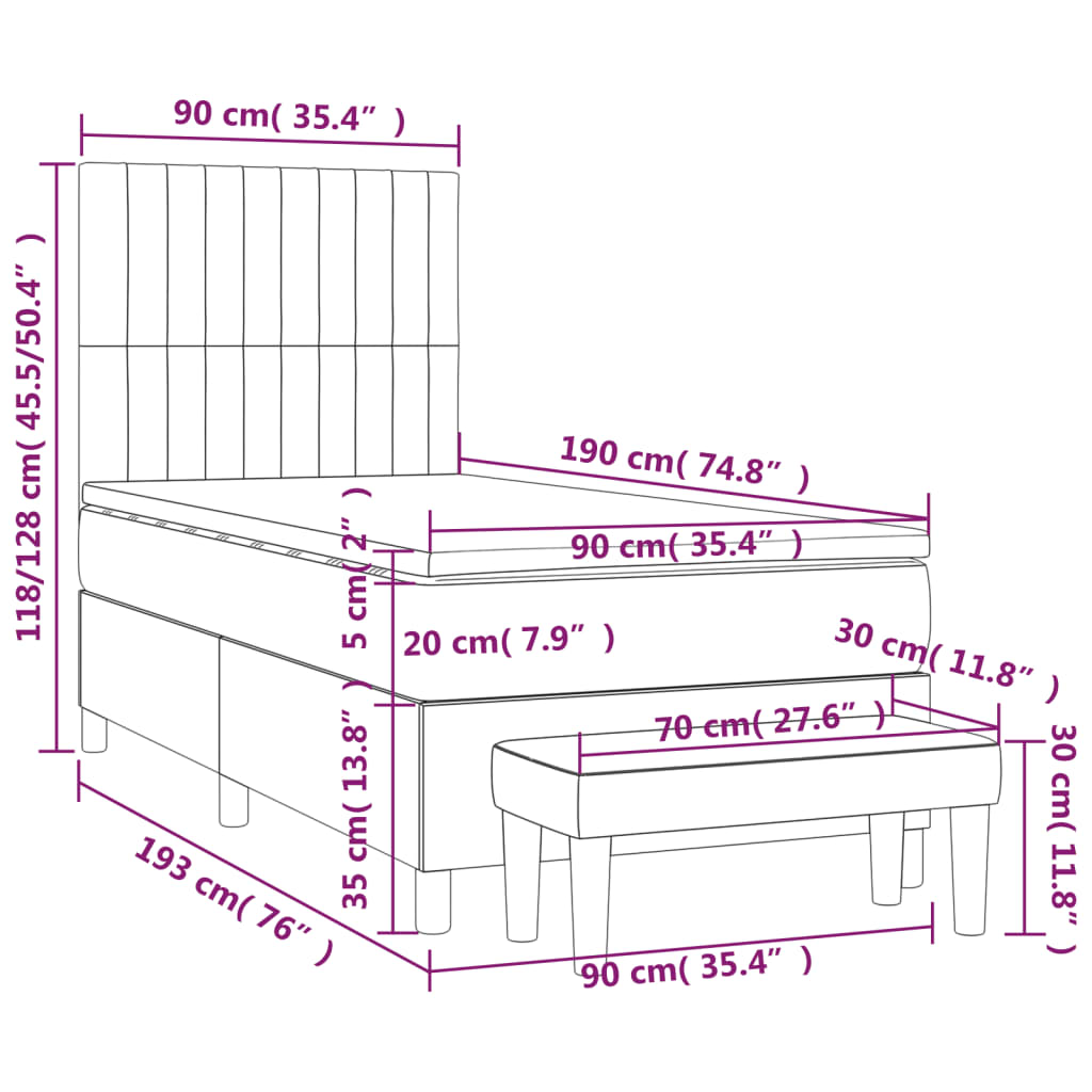 Pat box spring cu saltea, gri deschis, 90x190 cm, catifea GartenMobel Dekor