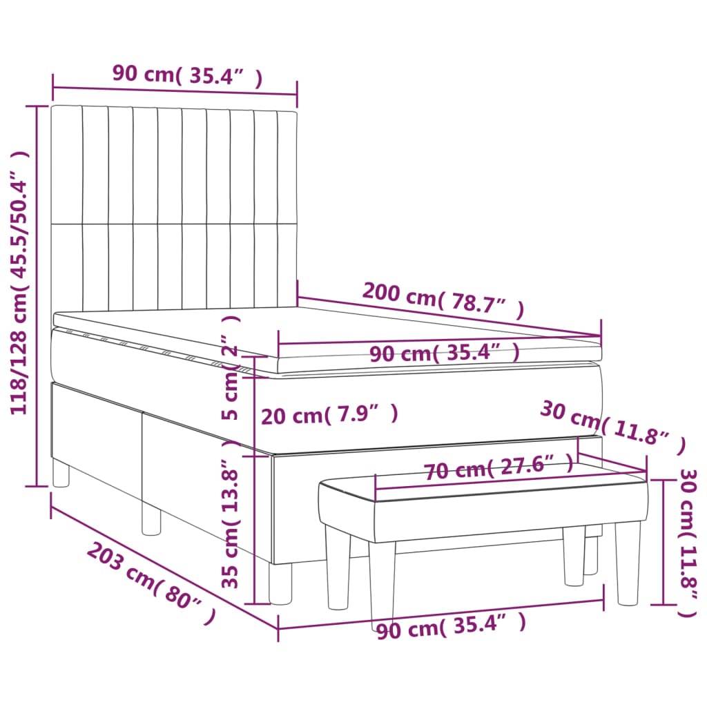 Pat box spring cu saltea, gri deschis, 90x200 cm, catifea GartenMobel Dekor