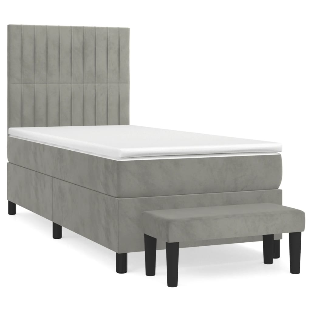 Pat box spring cu saltea, gri deschis, 90x200 cm, catifea GartenMobel Dekor