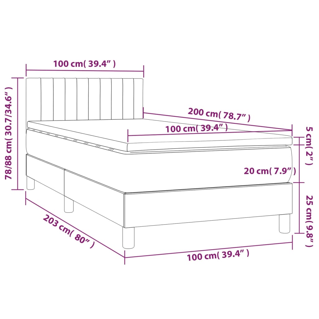 Pat box spring cu saltea, gri deschis, 100x200 cm, catifea GartenMobel Dekor
