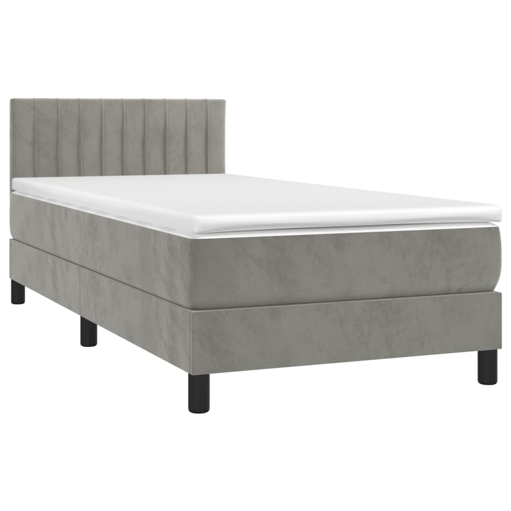 Pat box spring cu saltea, gri deschis, 90x190 cm, catifea GartenMobel Dekor