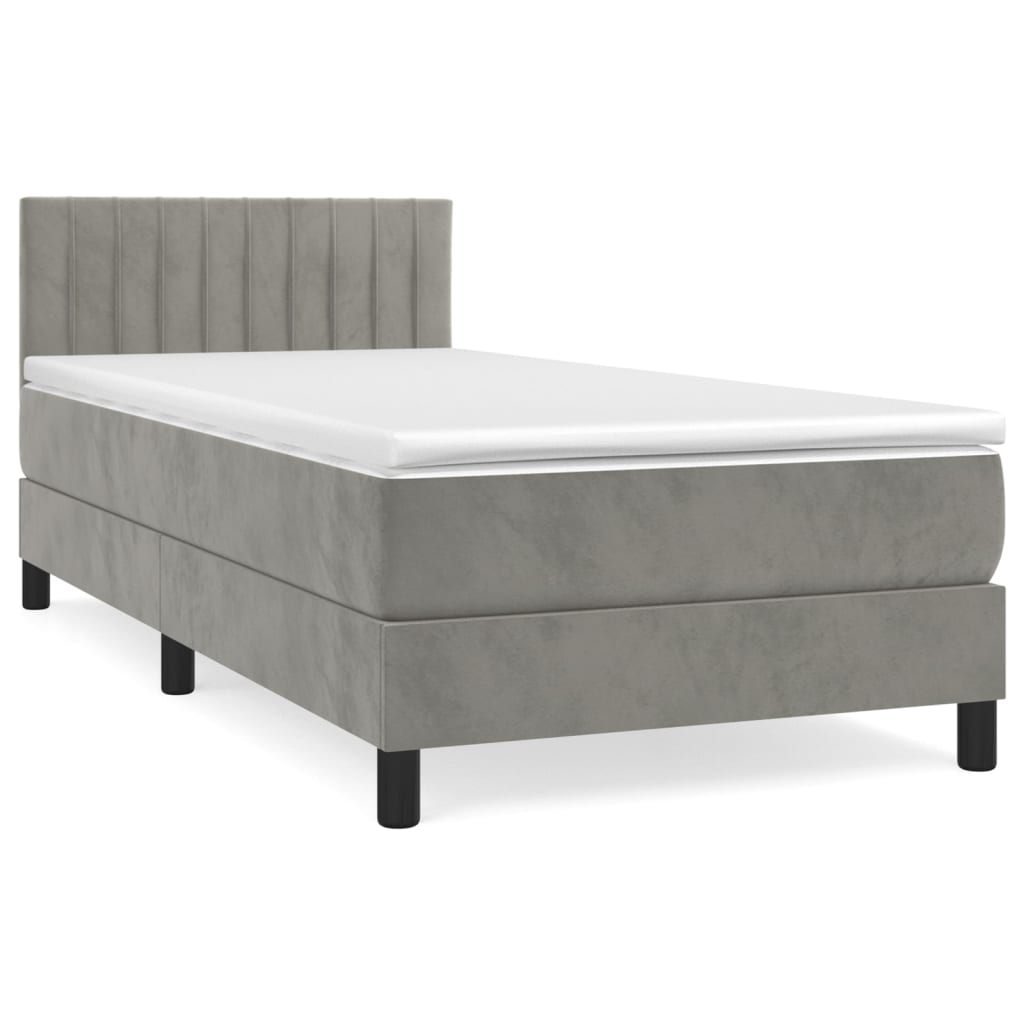 Pat box spring cu saltea, gri deschis, 90x200 cm, catifea GartenMobel Dekor
