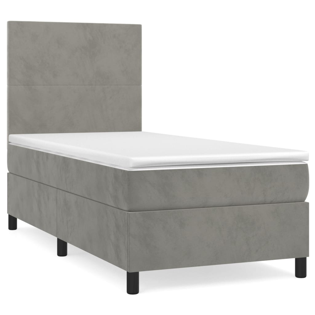 Pat box spring cu saltea, gri deschis, 100x200 cm, catifea GartenMobel Dekor