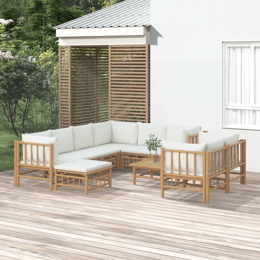 Set mobilier de grădină, cu perne alb crem, 10 piese, bambus GartenMobel Dekor