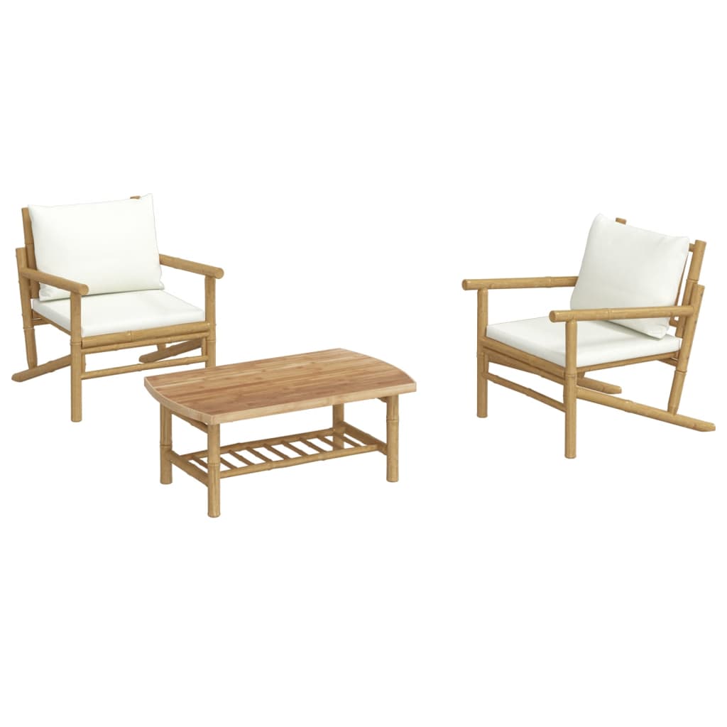 Set mobilier de grădină, cu perne alb crem, 3 piese, bambus GartenMobel Dekor