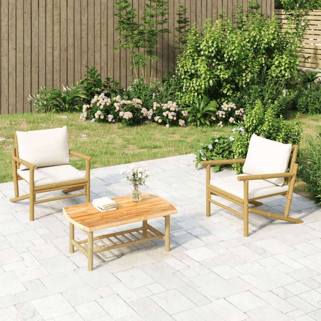 Set mobilier de grădină, cu perne alb crem, 3 piese, bambus GartenMobel Dekor