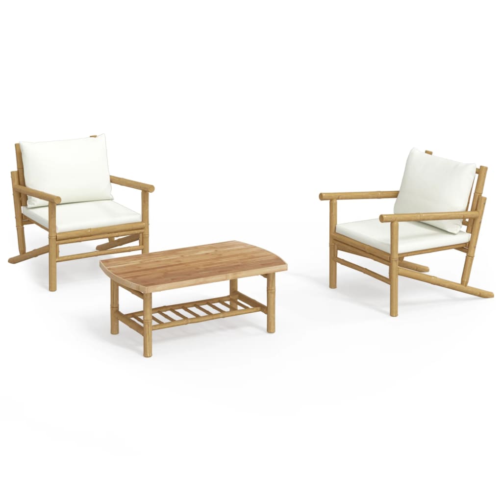 Set mobilier de grădină, cu perne alb crem, 3 piese, bambus GartenMobel Dekor