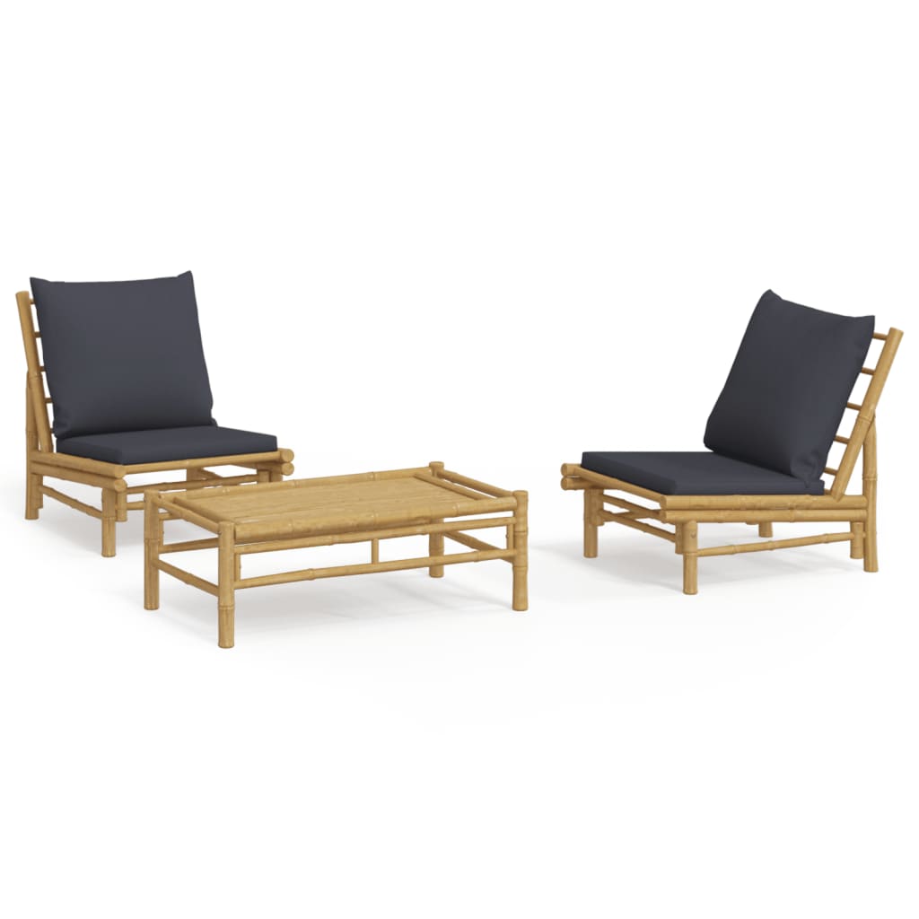 Set mobilier de grădină, perne gri închis, 3 piese, bambus GartenMobel Dekor