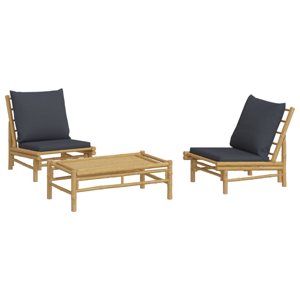 Set mobilier de grădină, perne gri închis, 3 piese, bambus GartenMobel Dekor