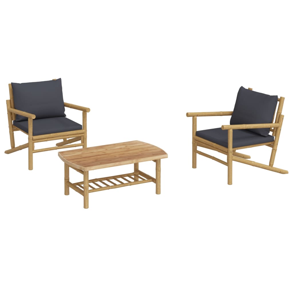Set mobilier de grădină, perne gri închis, 3 piese, bambus GartenMobel Dekor