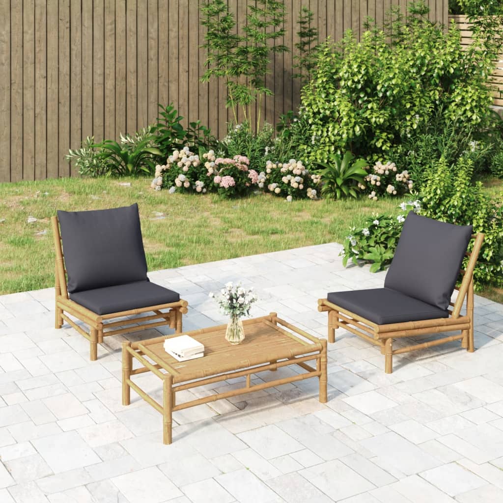 Set mobilier de grădină, perne gri închis, 3 piese, bambus GartenMobel Dekor