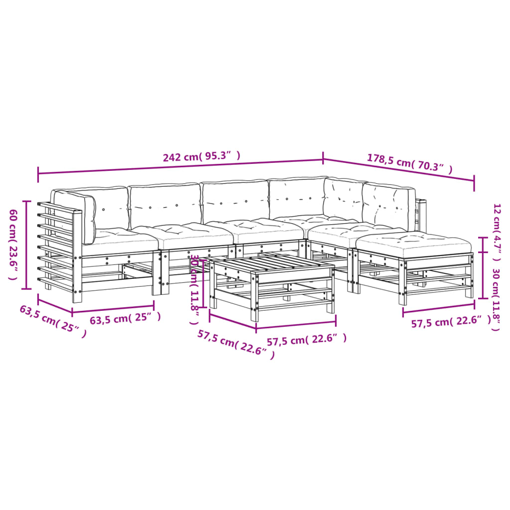 Set mobilier de grădină cu perne, 7 piese, gri, lemn masiv GartenMobel Dekor