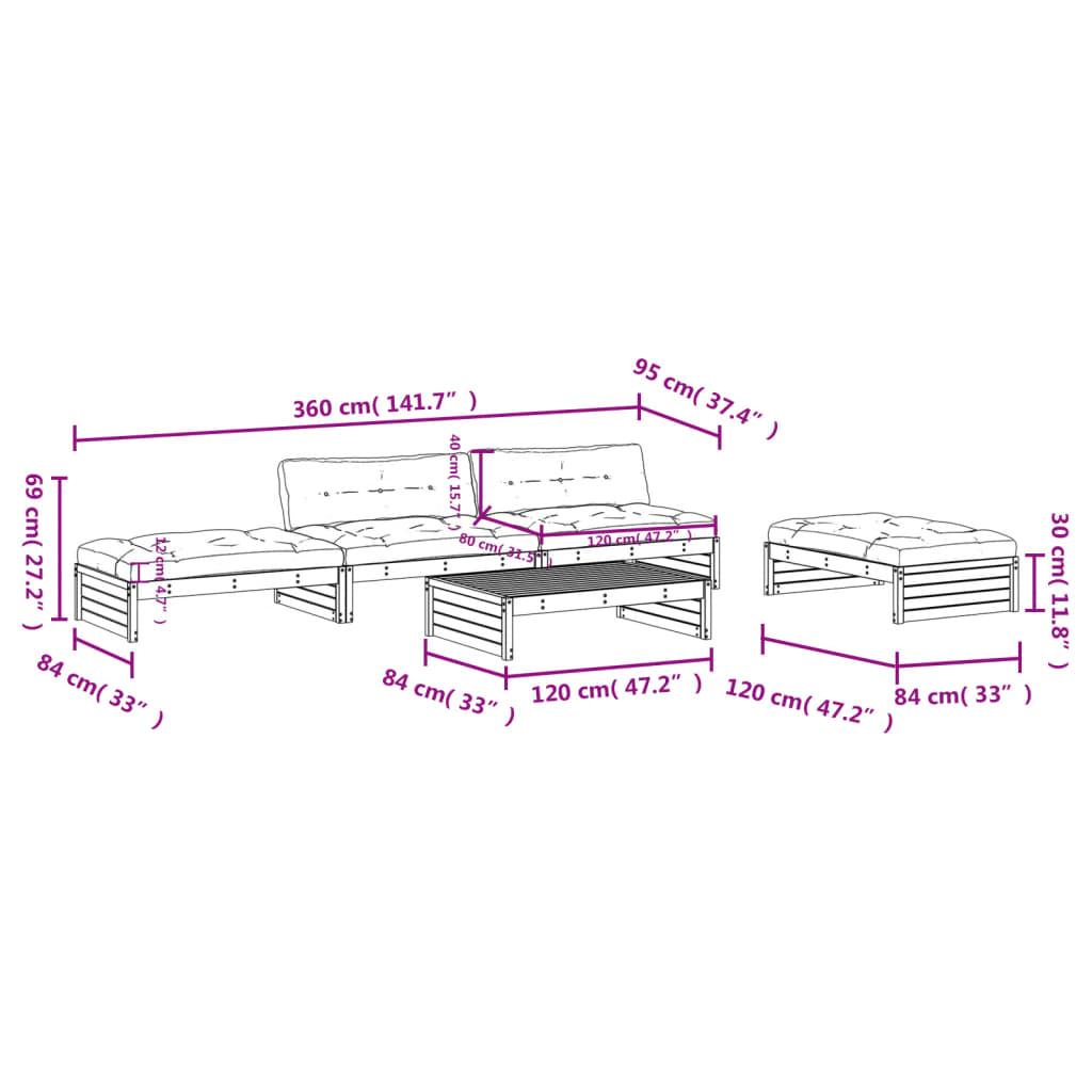 Set mobilier de grădină cu perne, 5 piese, negru, lemn masiv GartenMobel Dekor