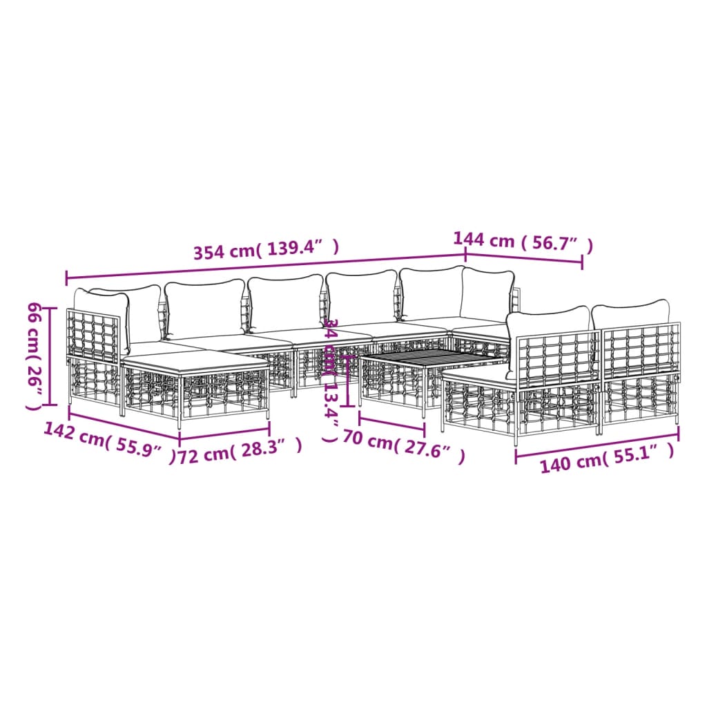 Set mobilier de grădină cu perne, 10 piese, antracit, poliratan GartenMobel Dekor