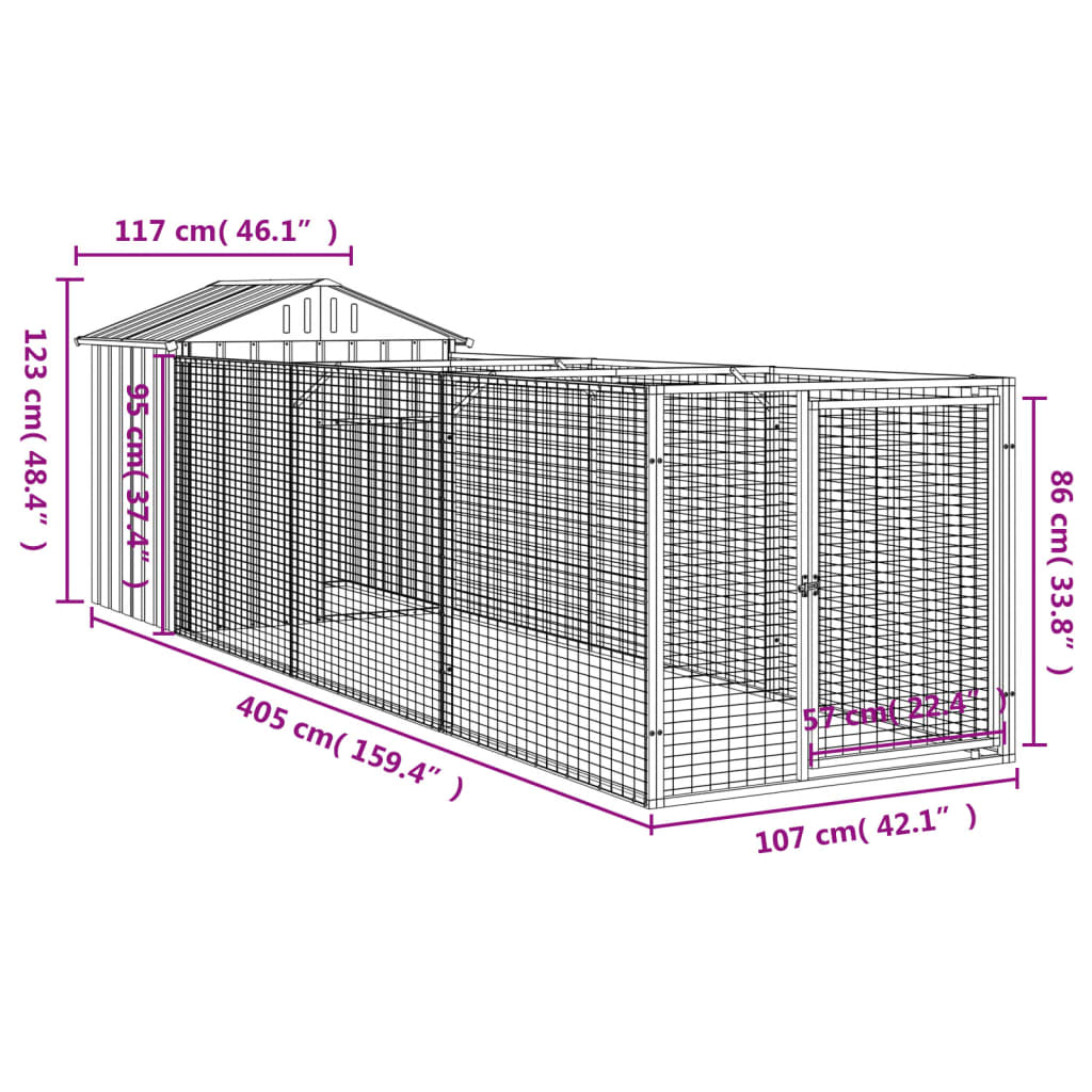 Cușcă câine cu acoperiș antracit 117x405x123 cm oțel galvanizat GartenMobel Dekor