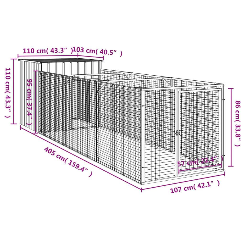 Cușcă câine cu țarc antracit 110x405x110 cm oțel galvanizat GartenMobel Dekor