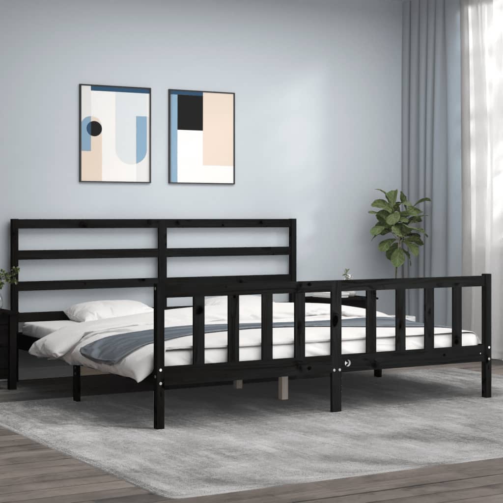 Cadru pat cu tăblie 200x200 cm, negru, lemn masiv GartenMobel Dekor
