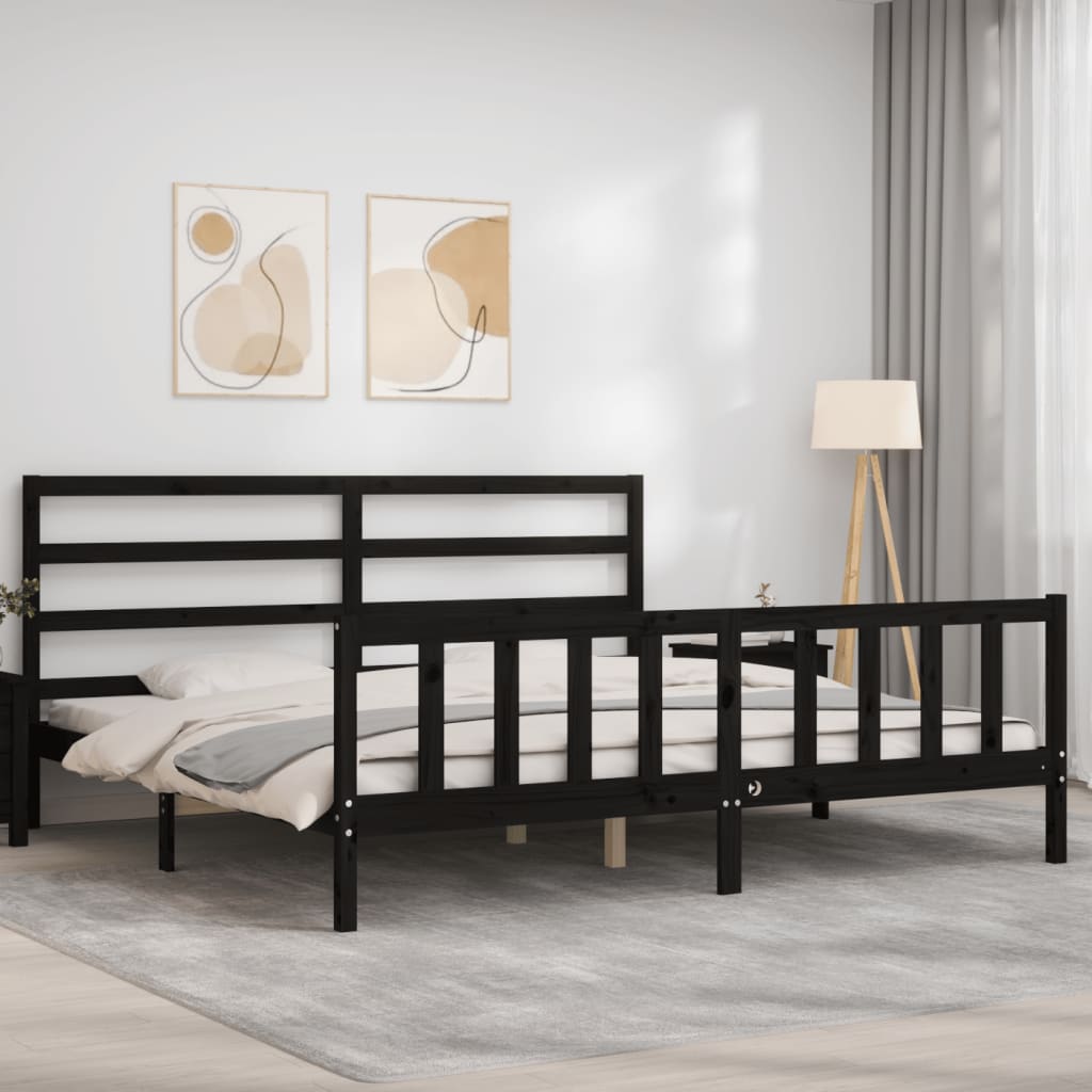 Cadru pat cu tăblie 200x200 cm, negru, lemn masiv GartenMobel Dekor