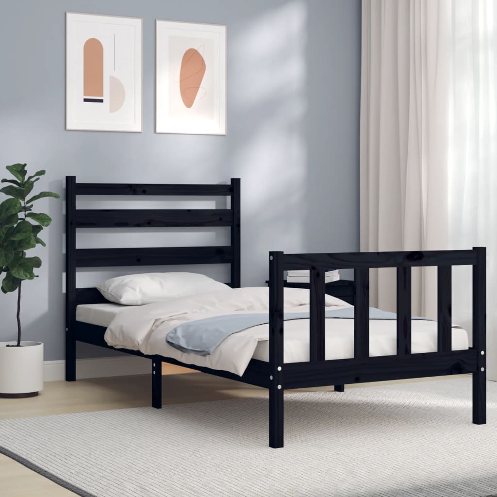 Cadru de pat cu tăblie Small Single, negru, lemn masiv GartenMobel Dekor