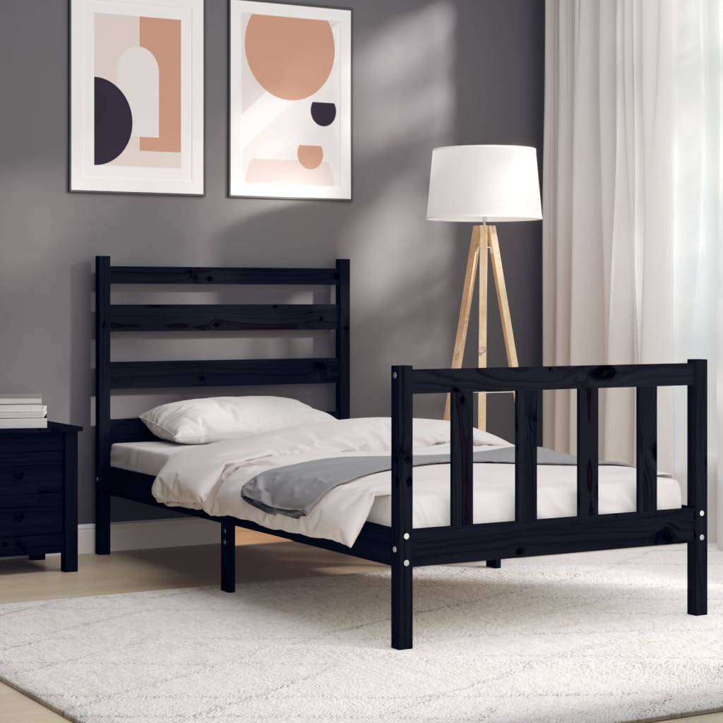 Cadru de pat cu tăblie Small Single, negru, lemn masiv GartenMobel Dekor