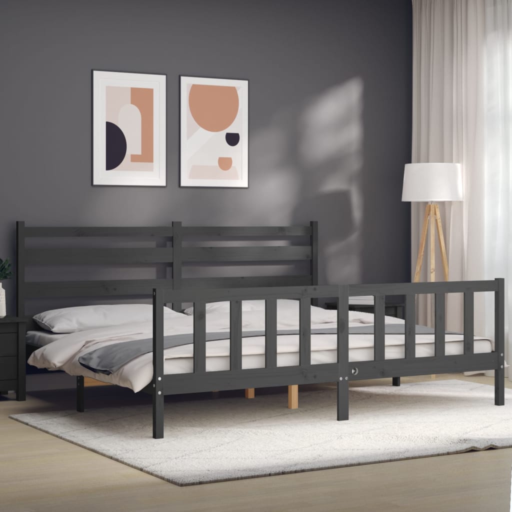 Cadru pat cu tăblie 200x200 cm, gri, lemn masiv GartenMobel Dekor