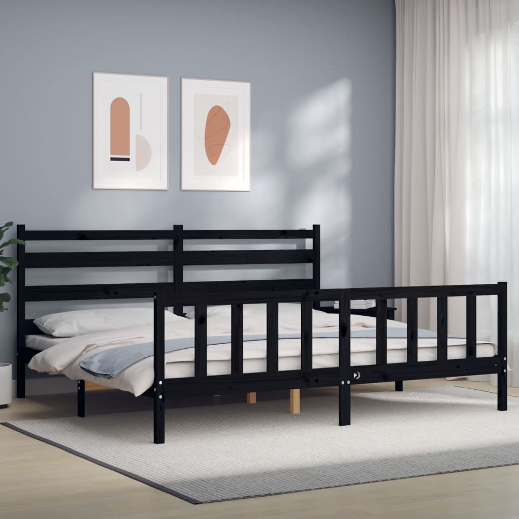 Cadru pat cu tăblie 200x200 cm, negru, lemn masiv GartenMobel Dekor