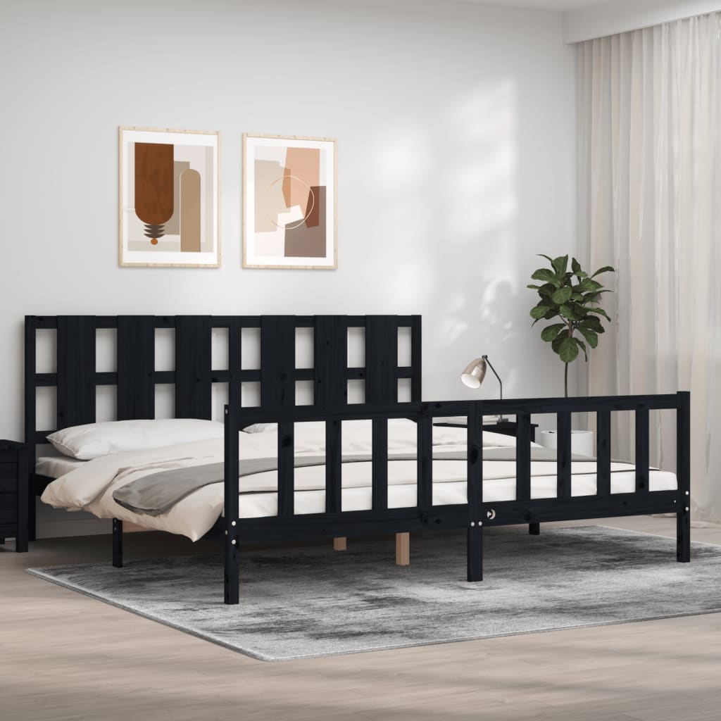 Cadru pat cu tăblie 200x200 cm, negru, lemn masiv GartenMobel Dekor