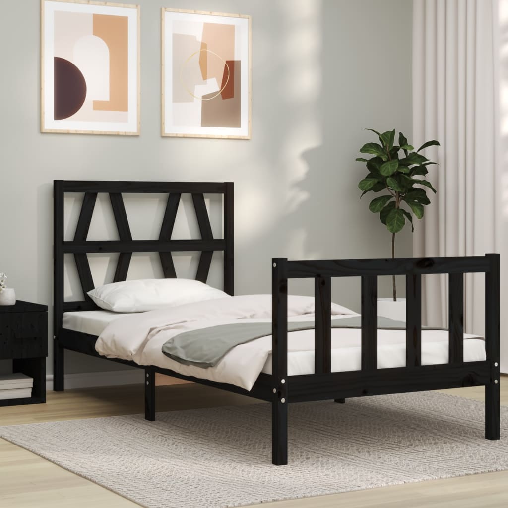 Cadru de pat cu tăblie Small Single, negru, lemn masiv GartenMobel Dekor