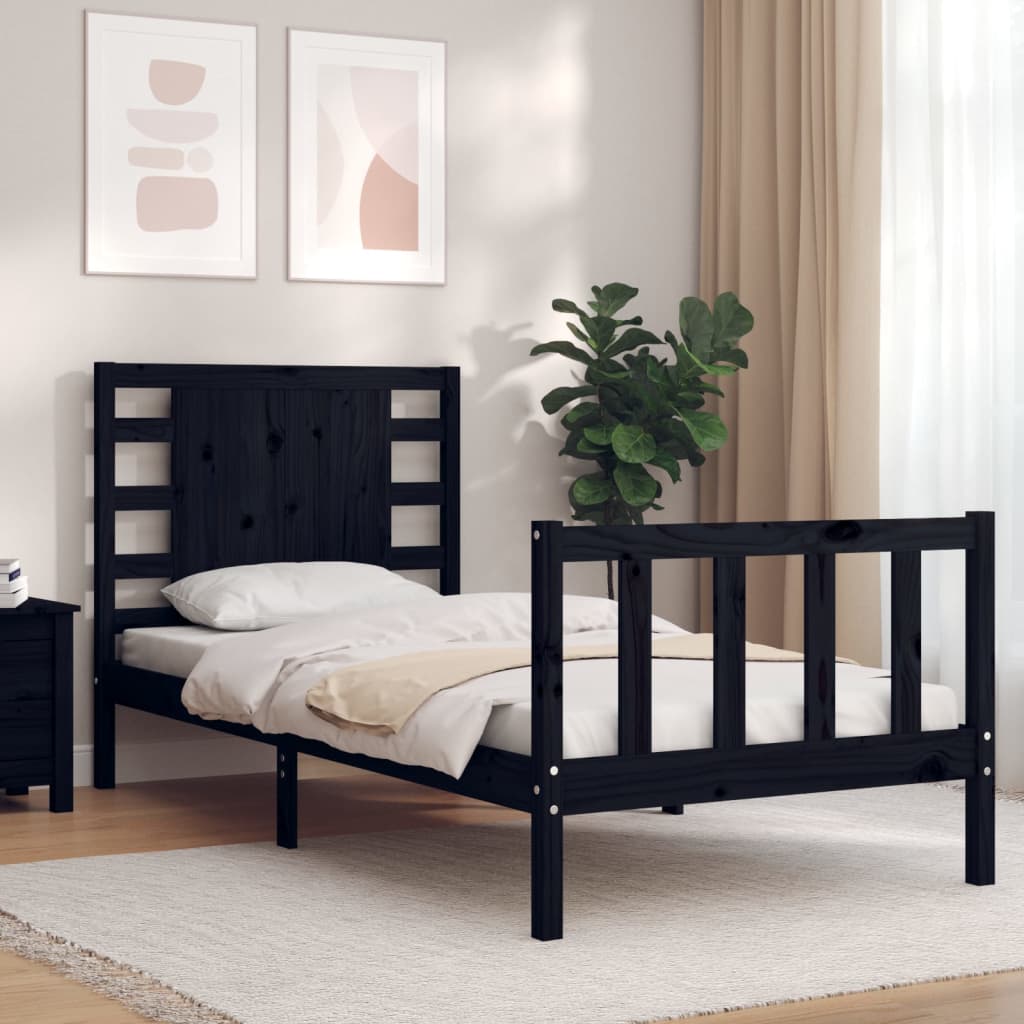 Cadru de pat cu tăblie Small Single, negru, lemn masiv GartenMobel Dekor