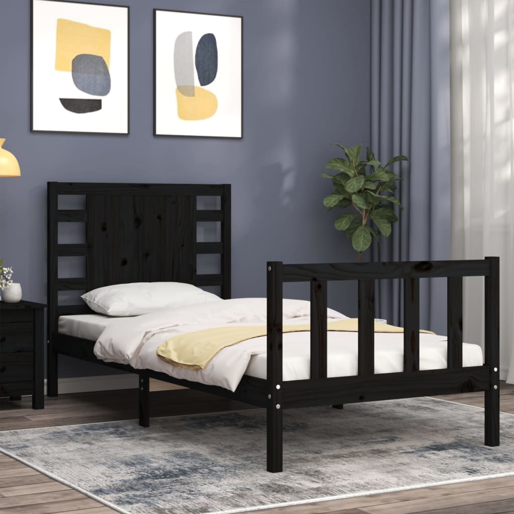 Cadru de pat cu tăblie Small Single, negru, lemn masiv GartenMobel Dekor