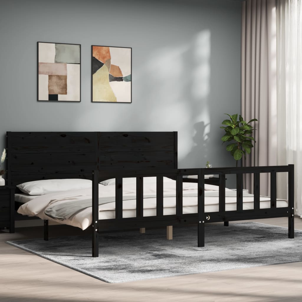 Cadru pat cu tăblie 200x200 cm, negru, lemn masiv GartenMobel Dekor