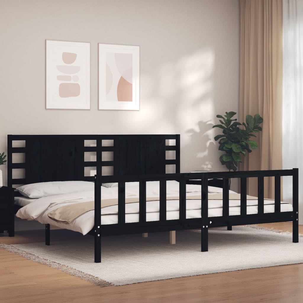 Cadru pat cu tăblie 200x200 cm, negru, lemn masiv GartenMobel Dekor