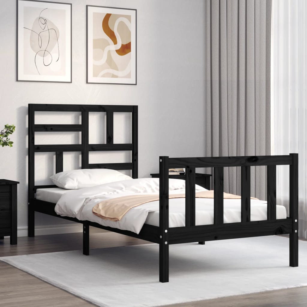 Cadru de pat cu tăblie Small Single, negru, lemn masiv GartenMobel Dekor