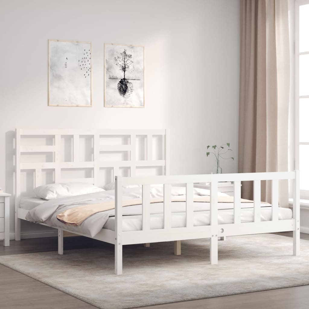 Cadru de pat cu tăblie, alb, king size, lemn masiv GartenMobel Dekor
