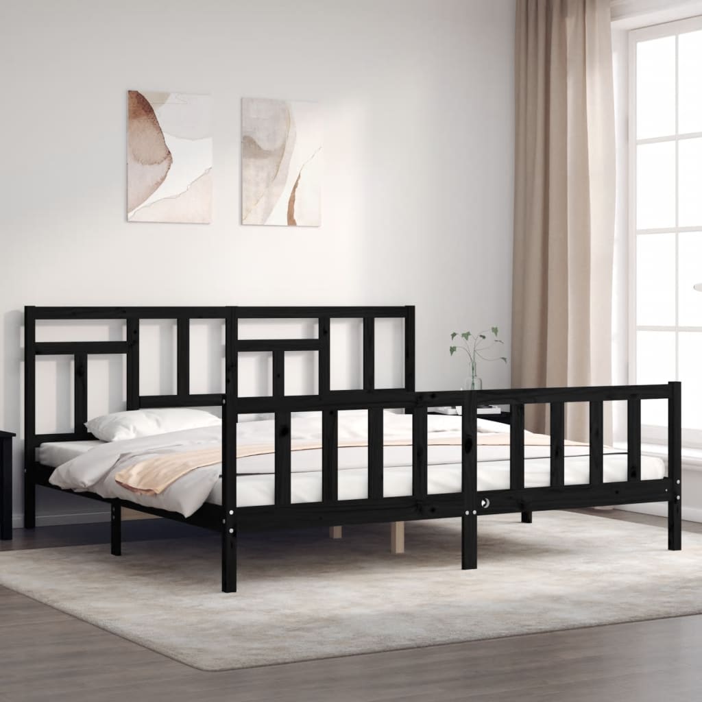 Cadru pat cu tăblie 200x200 cm, negru, lemn masiv GartenMobel Dekor