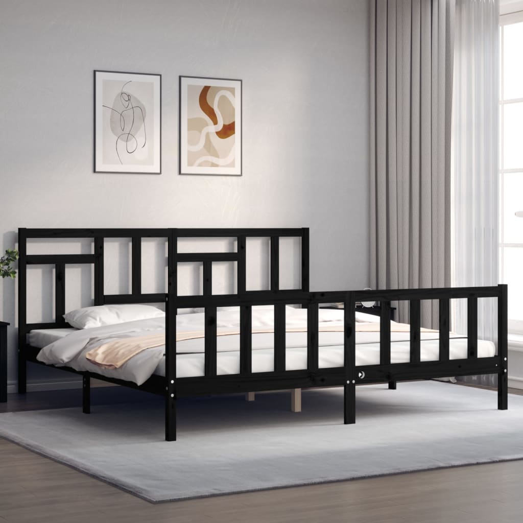 Cadru pat cu tăblie 200x200 cm, negru, lemn masiv GartenMobel Dekor