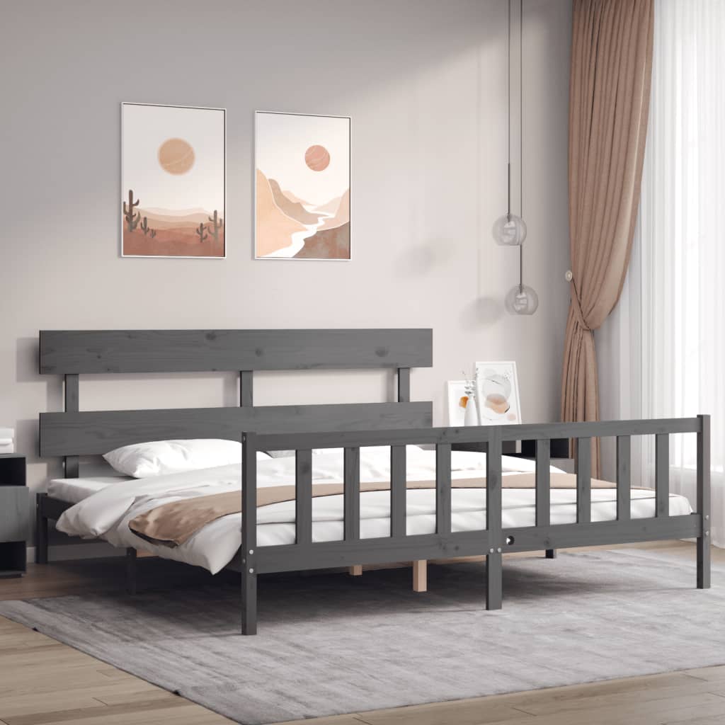 Cadru pat cu tăblie 200x200 cm, gri, lemn masiv GartenMobel Dekor