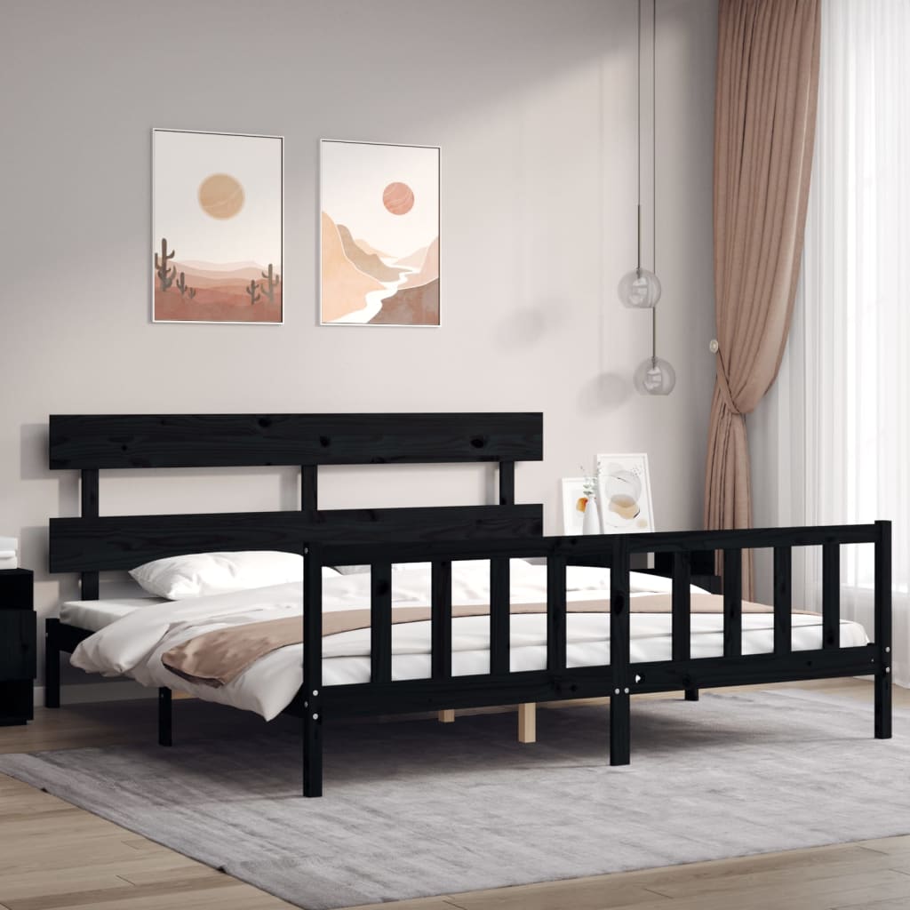 Cadru pat cu tăblie 200x200 cm, negru, lemn masiv GartenMobel Dekor