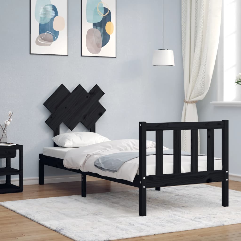 Cadru de pat cu tăblie Small Single, negru, lemn masiv GartenMobel Dekor