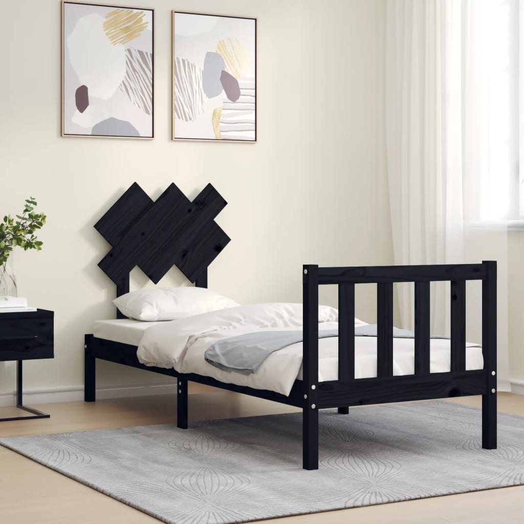 Cadru de pat cu tăblie Small Single, negru, lemn masiv GartenMobel Dekor
