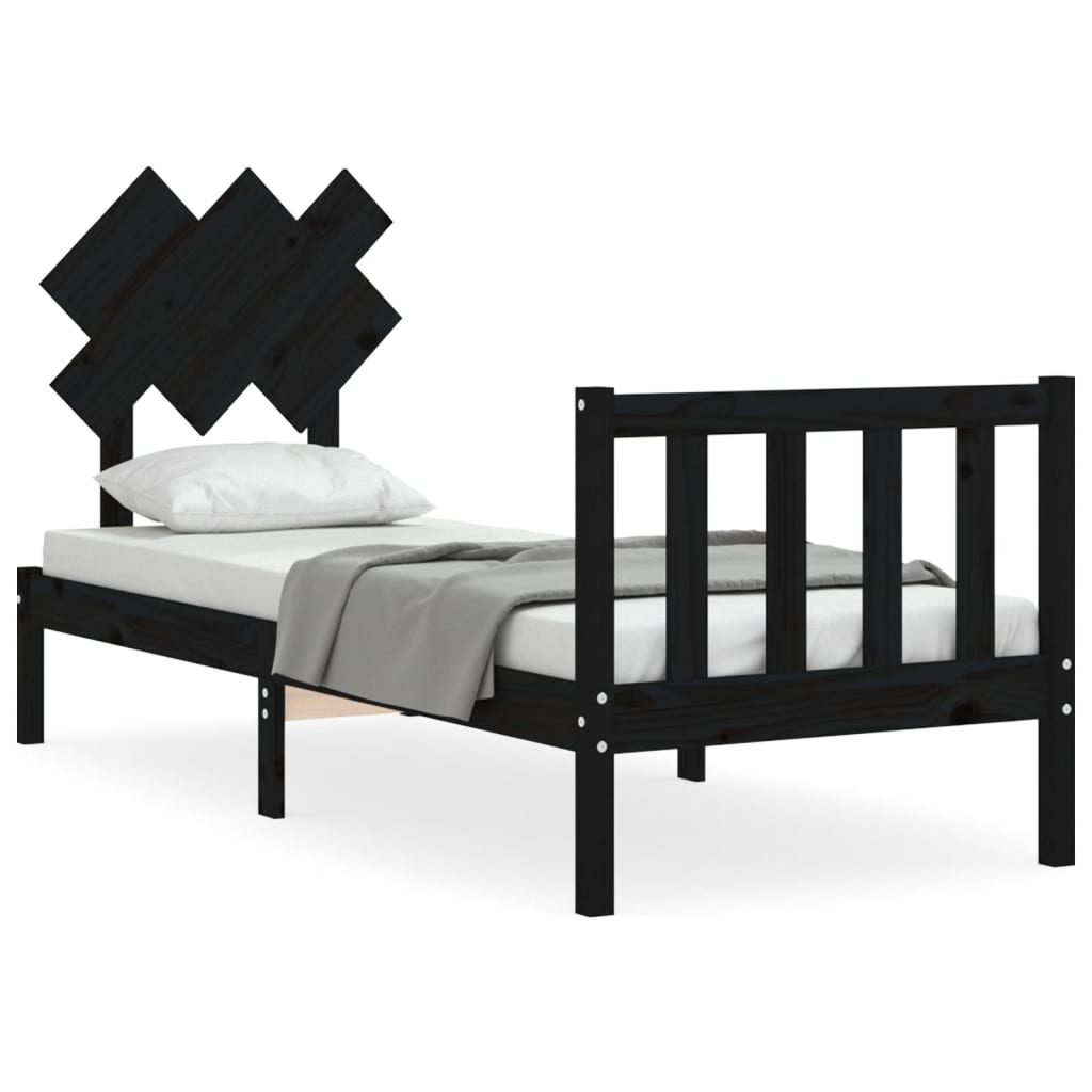 Cadru de pat cu tăblie Small Single, negru, lemn masiv GartenMobel Dekor