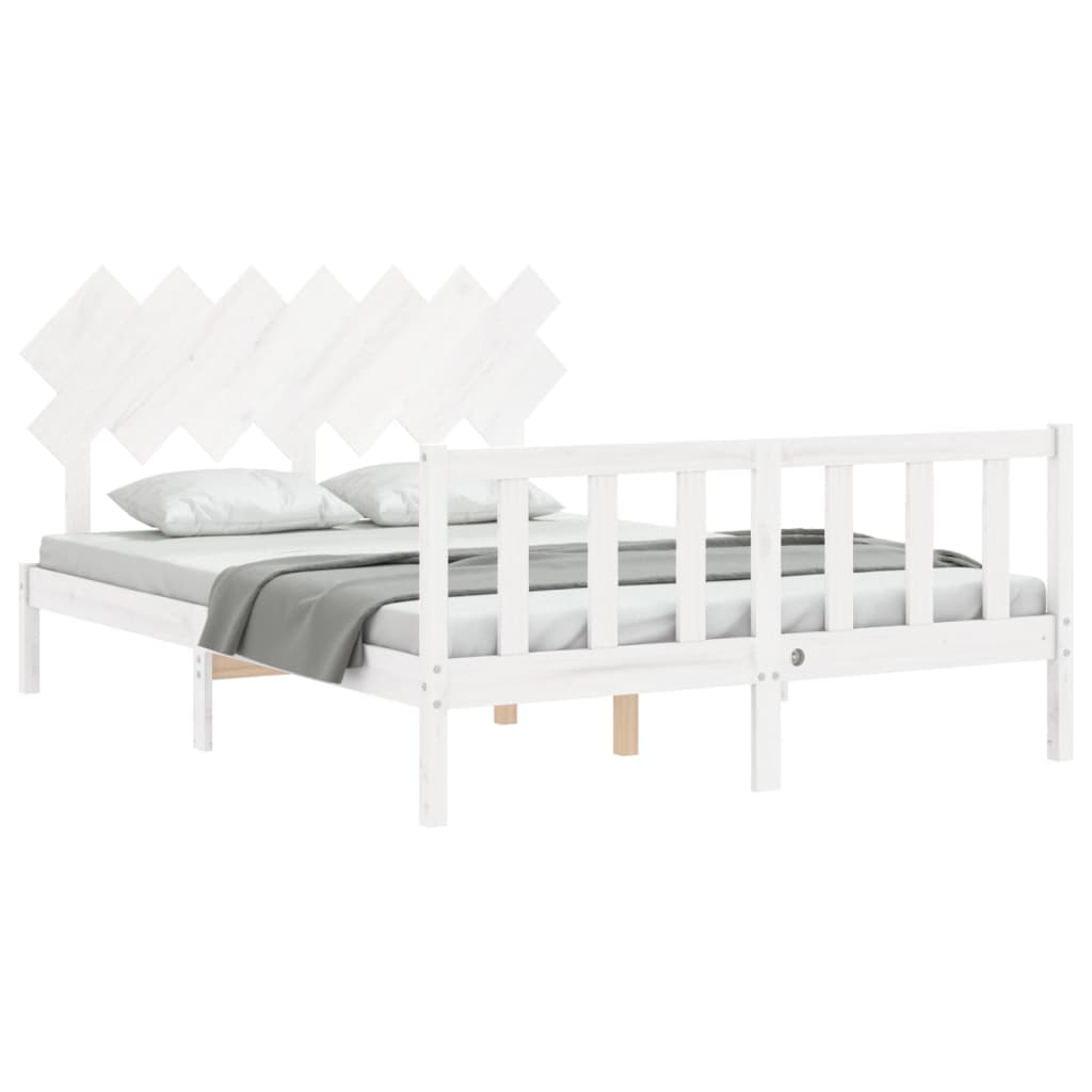 Cadru de pat cu tăblie, alb, king size, lemn masiv GartenMobel Dekor
